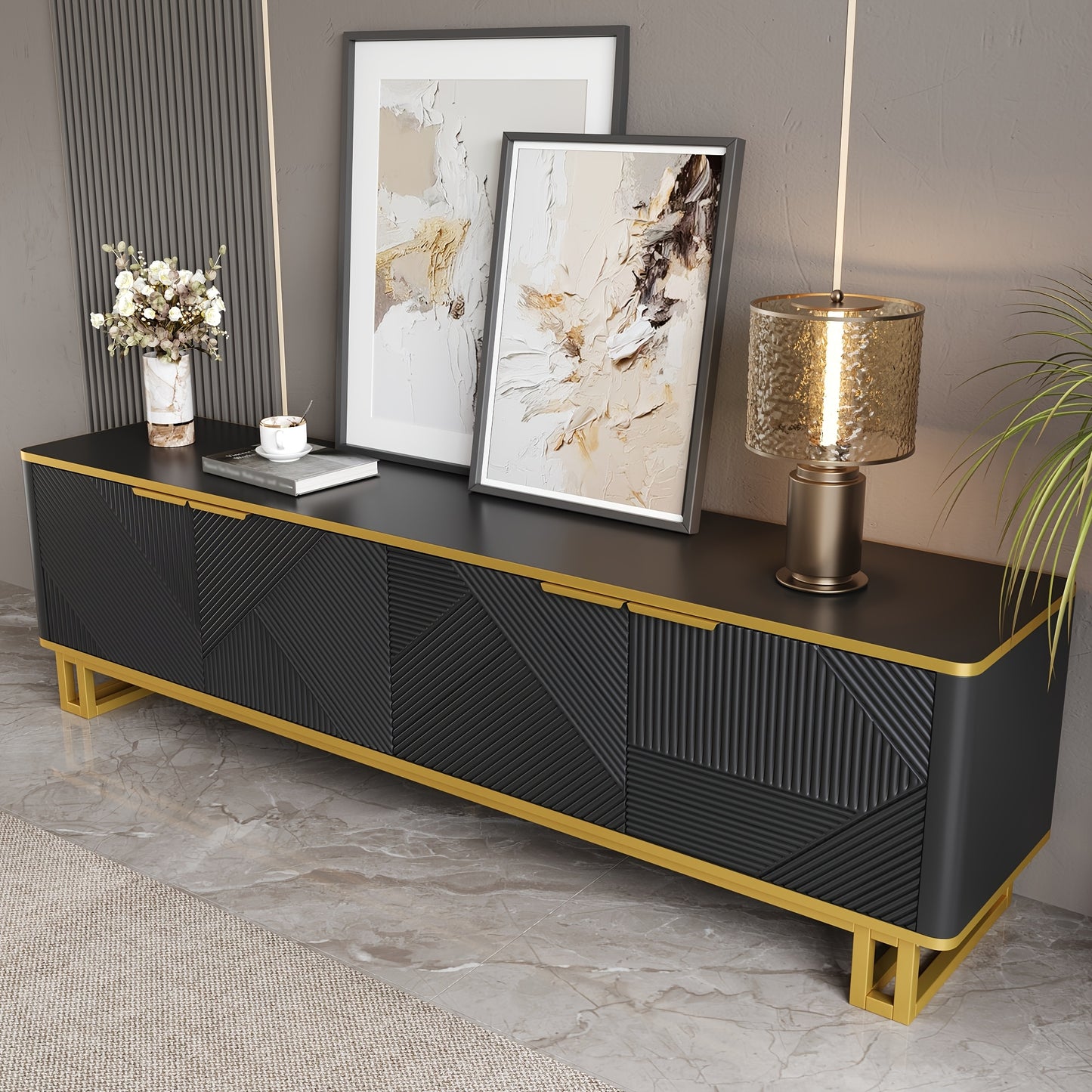 Modern Low-Profile 4-Door TV Stand Cabinet with Geometric Texture Panel Doors - Non-Wood TV Entertainment Center Suitable for Flat-Screen TVs, Easy Assembly, Space-Saving Design