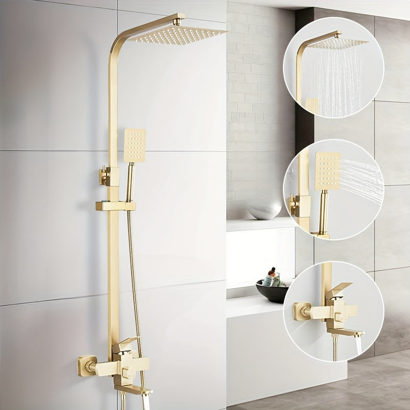 Brushed Golden Bathroom Shower Set - 20.32 cm Square Rainfall Shower Head & Adjustable Height Handheld Shower with Single Handle Control, Wall-Mounted Bath Faucet Kit, Modern Luxury Brass/ Stainless Steel Construction (No Ele