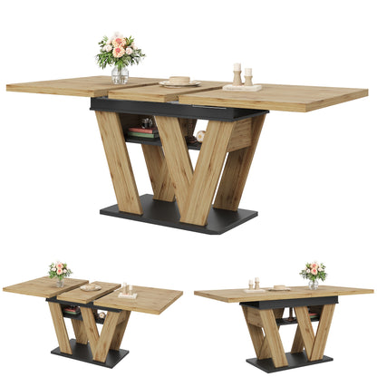 Extendable Dining Table with W-Shaped Legs - Expandable Kitchen Table Suitable for Small Spaces, Pull-Out (119-158.5×80cm), Assembly, Wood Color, Modern Style for Living Room & Dining Room