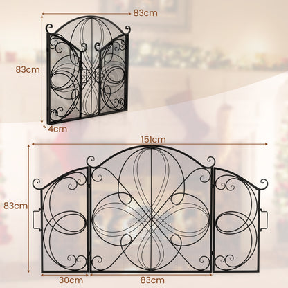 Inklapbaar Haardscherm – Vuurhaardscherm – Vuurkorf Scherm – Openhaardscherm – Brandwerend Scherm – Zwart Metalen Frame – Decoratief Bloemenpatroon – 151 x 83 cm – Veilig Tegen Vonken