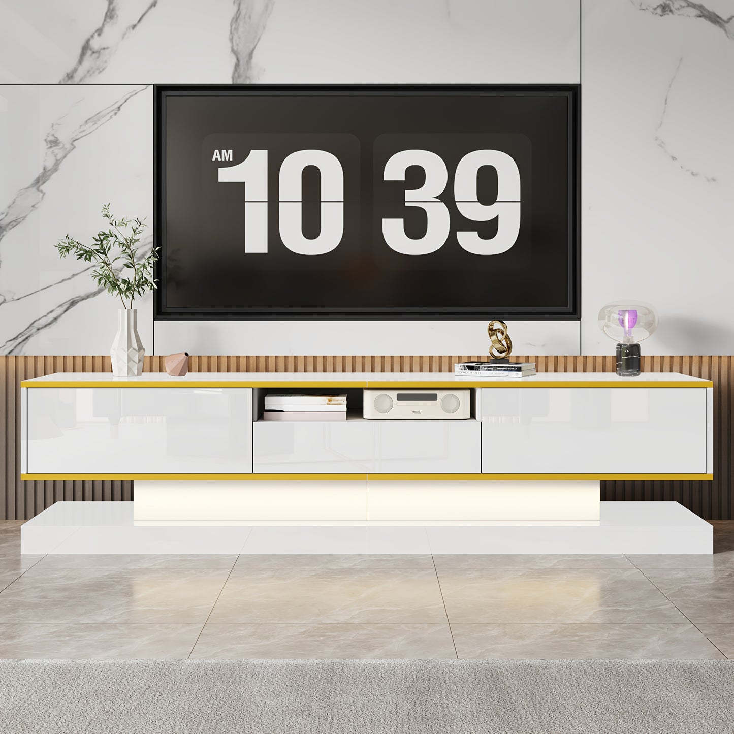 Tv Meubel – TV Kast – TV Meubelkast – Mediameubel – Entertainmentkast – Modern Design – Hoogglans Wit – 180x38x45 cm – 3 Lades en Open Vak – Zonder Stroom
