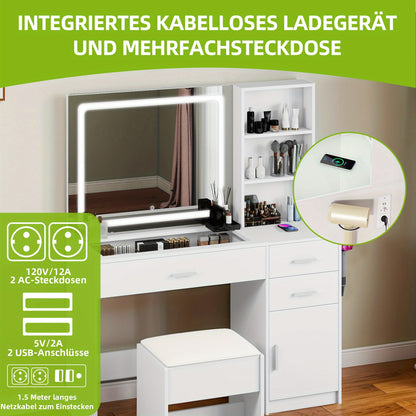 Kaptafel – Make-up Tafel – Cosmeticatafel – Opmaktafel – Meubel – LED Spiegel – 4 Lades – Ingebouwd Stopcontact – Wit – Moderne Stijl