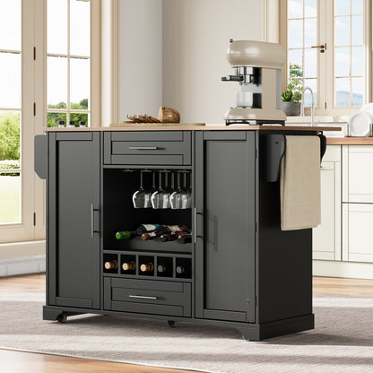 Keukentrolley – Keukenkar – Serveerwagen – Keukenwagen – Opbergtrolley – Mobiel met Wieltjes – Inklapbaar Werkblad – Wijnrek & Kruidenrek – 120x45/70x92 cm – Zwart