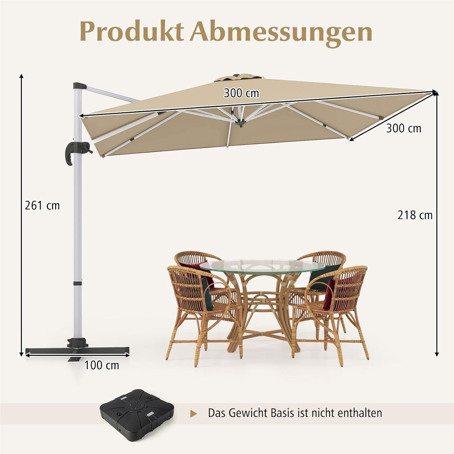 Tuinscherm Parasol – Tuintent Zonnescherm – Terrasparasol – Marktparasol – Beige – 300x300 cm Groot – 360° Draaibaar Met Slingerbediening