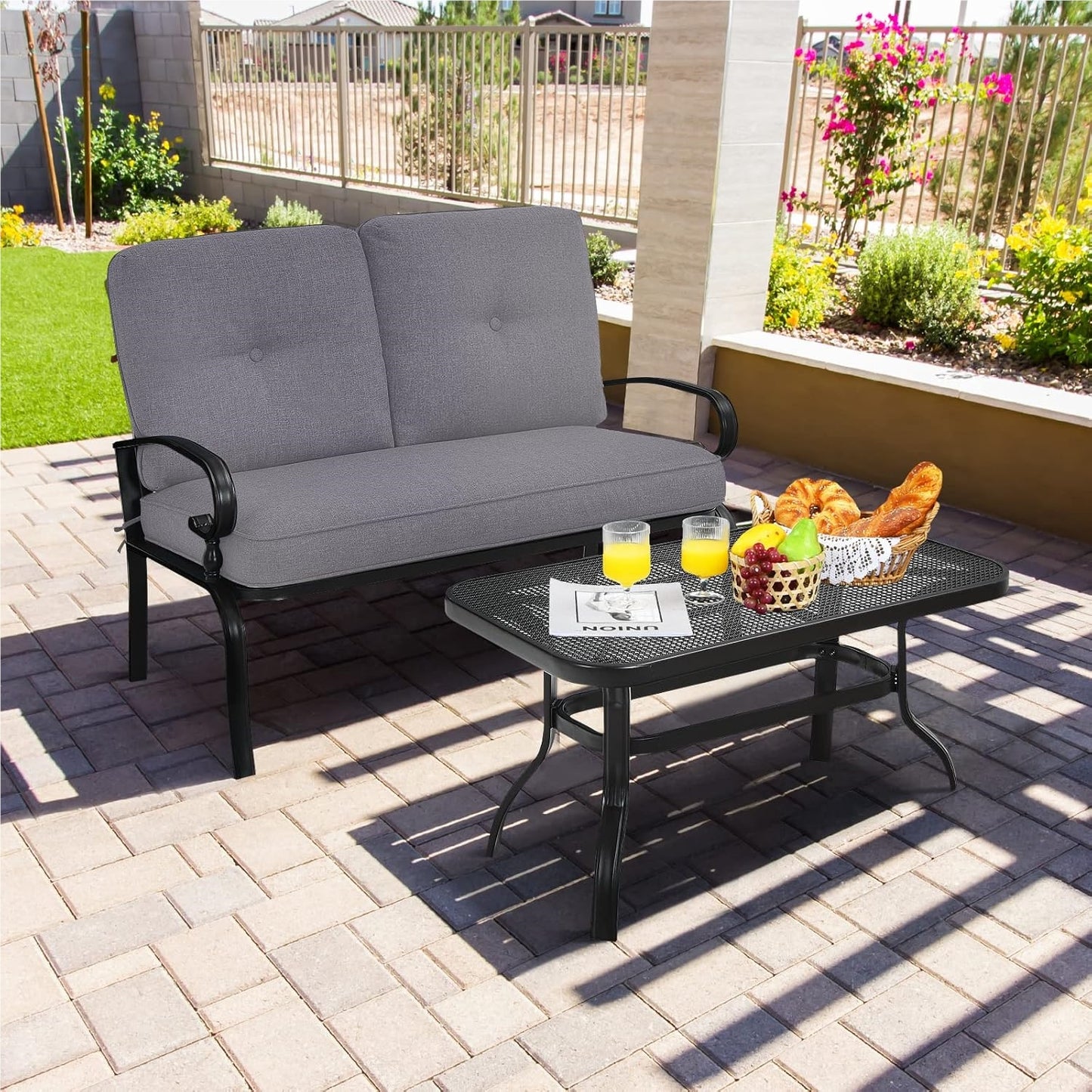 Tuinbank – Buitenbank – Balkonbank – Zitbank – Tuin Zitgroep – Comfortabel Met Kussens – Duurzaam Metalen Frame – Inclusief Koffietafel 120x76 cm