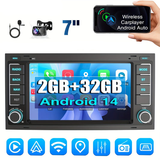 Android 14 Autoradio – Multimedia Unit – GPS Navigatie – Car Audio – Inbouw Radio – 7 Inch HD Touchscreen – Draadloos CarPlay & AHD Achteruitrijcamera