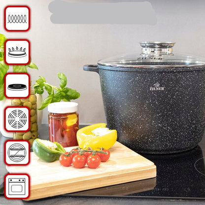 Keukenset – Pannenset – Kookgerei – Koekenpannen – Pannen met deksel – 17-delig met 10L soeppan – Duurzame antiaanbak marmercoating