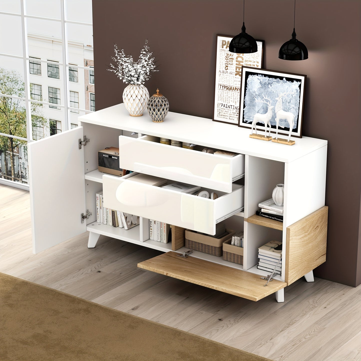 Storage Cabinet, Storage Cabinet, Large Storage Space High Gloss White Log Colour Sideboard, Modern Living Room Cabinet, 130*40*70Cm