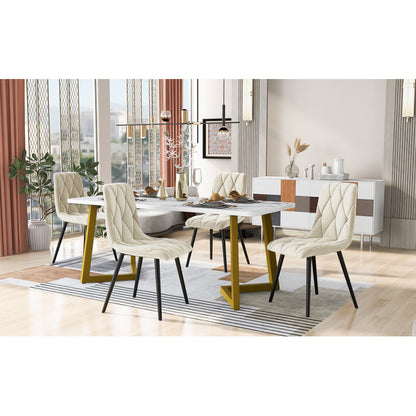 Eettafelset – Tafel met Stoelen – Eettafel en Stoelenset – Diningset – Beige Velvet Stoelen – 117×68×75 cm MDF Marmerlook Tafel – Gouden Metalen Poten