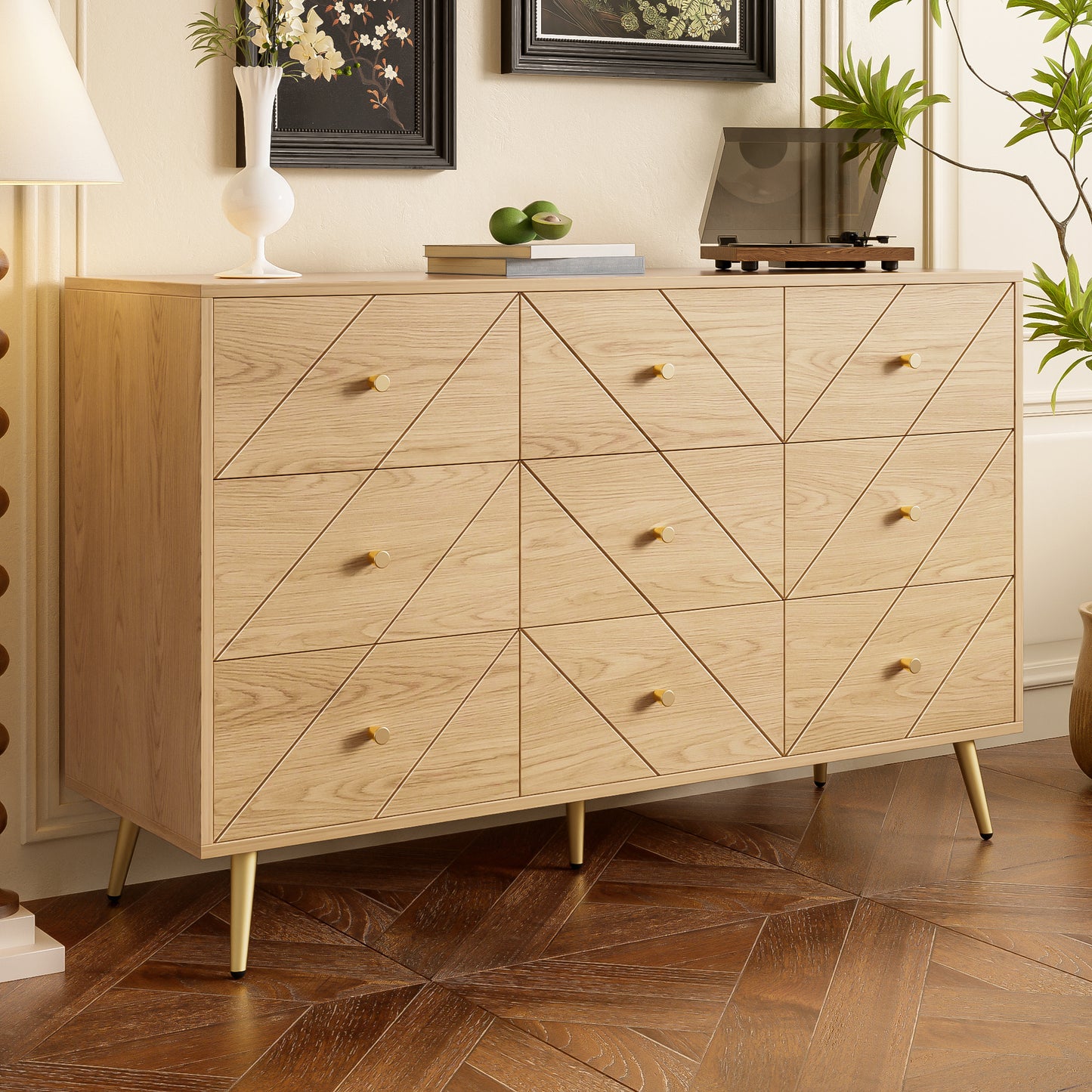 Commode – Ladekast – Dressoir – Opbergkast – Kast – Houtlook Nature – 9 Lades – Afm. 120x39x80 cm – Gouden Metalen Poten – Stevige PB Constructie