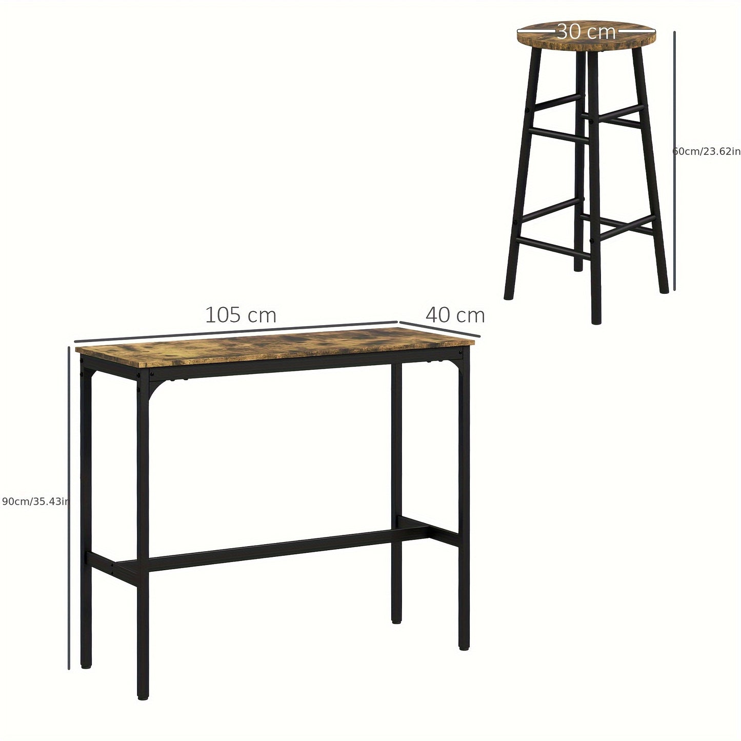 Bartafelset – Barkrukken Set – Eettafel Industrieel – Bar Meubel Set – Keukentafel 3-Delig – Stalen Frame – Rustiek Bruin
