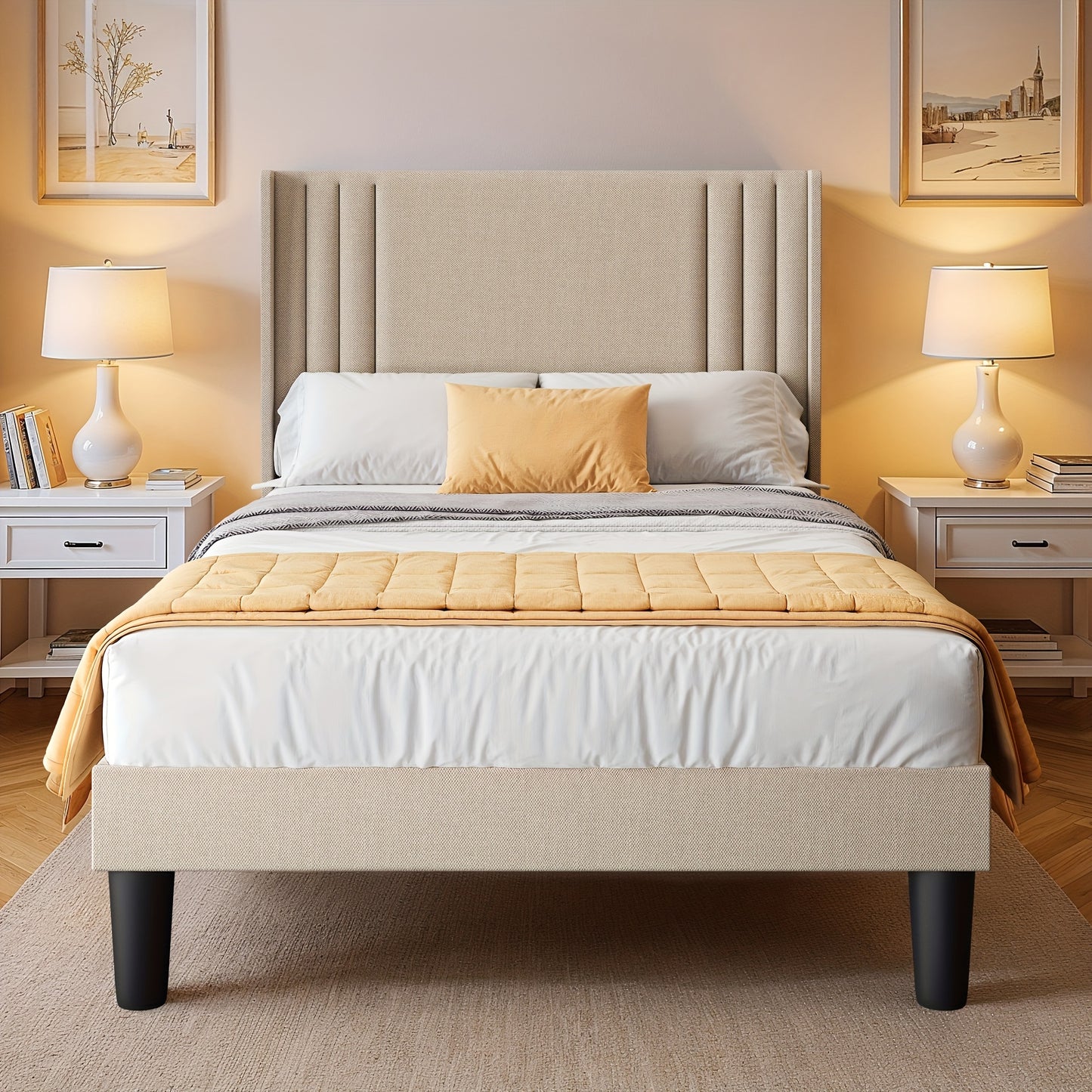 Bedframe – Ledikant – Slaapbank – Bedombouw – Slaapmeubel – Beige Soft-Pack Bekleding – 120x200 cm – Stille Strips – 20 cm Opbergruimte Onder Bed