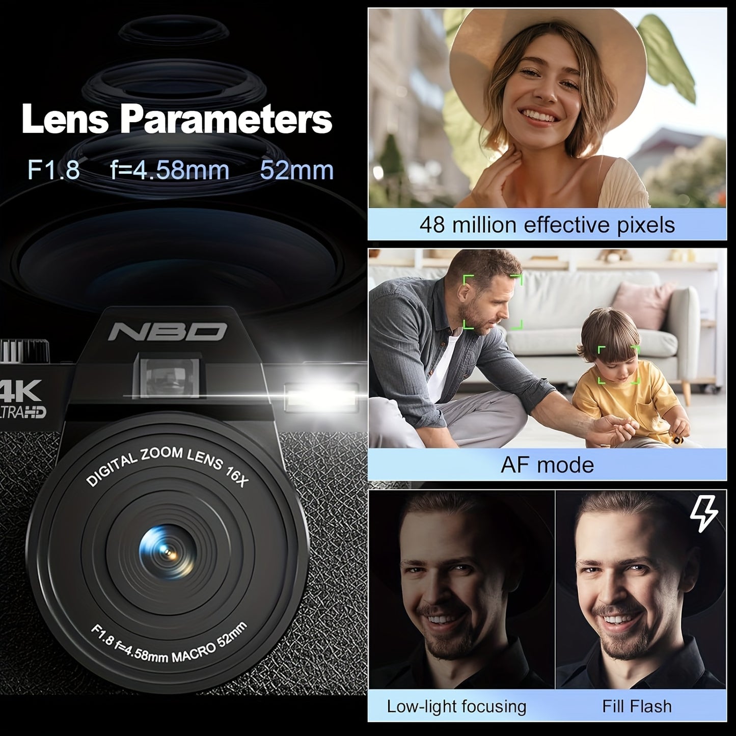 48MP Digitale Camera – Fotocamera – Vlogcamera – Compact Camera – Reiscamera – 4K Videoresolutie – WiFi & App Controle – 16x Digitale Zoom – Anti-Shake – 32GB TF-kaart – Dual Batterijen – 52mm Groothoek & Macro Lens