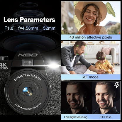 48MP Digitale Camera – Fotocamera – Vlogcamera – Compact Camera – Reiscamera – 4K Videoresolutie – WiFi & App Controle – 16x Digitale Zoom – Anti-Shake – 32GB TF-kaart – Dual Batterijen – 52mm Groothoek & Macro Lens