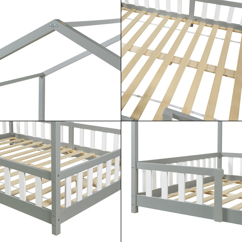 Kinderbed – Kinderbedden – Eenpersoonsbed – Hoogslaper – Stapelbed – Huisvormig Design – Valbeveiliging – Grenenhout – 140x200 cm