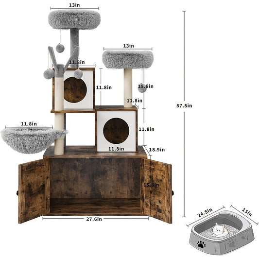 3-in-1 Cat Tree Tower with Hidden Litter Box - Multi-Level Cat Furniture House with Sisal Scratching Post, Plush Perch, Ladder & Enclosed Toilet - Space-Saving Wood Cat Tree for Cats (Compatible with Litter)