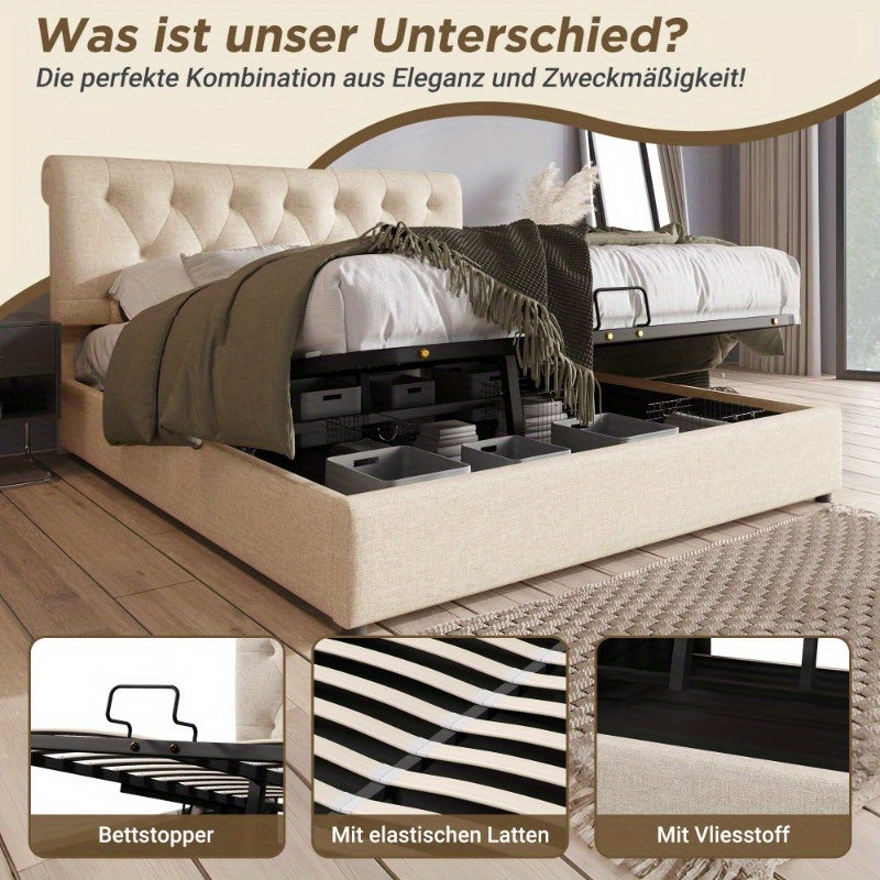 Hydraulisch Tweepersoonsbed – Verstelbaar Bedframe – Bed met Opbergruimte – Metalen Lattenbodem – Matras Inclusief – 160x200 cm – Moderne Natuurlijke Stijl – Verstelbare Hoofdbord