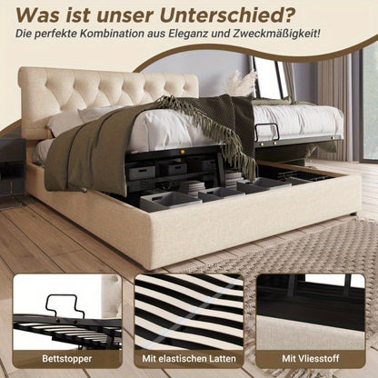 Hydraulisch Tweepersoonsbed – Verstelbaar Bedframe – Bed met Opbergruimte – Metalen Lattenbodem – Matras Inclusief – 160x200 cm – Moderne Natuurlijke Stijl – Verstelbare Hoofdbord