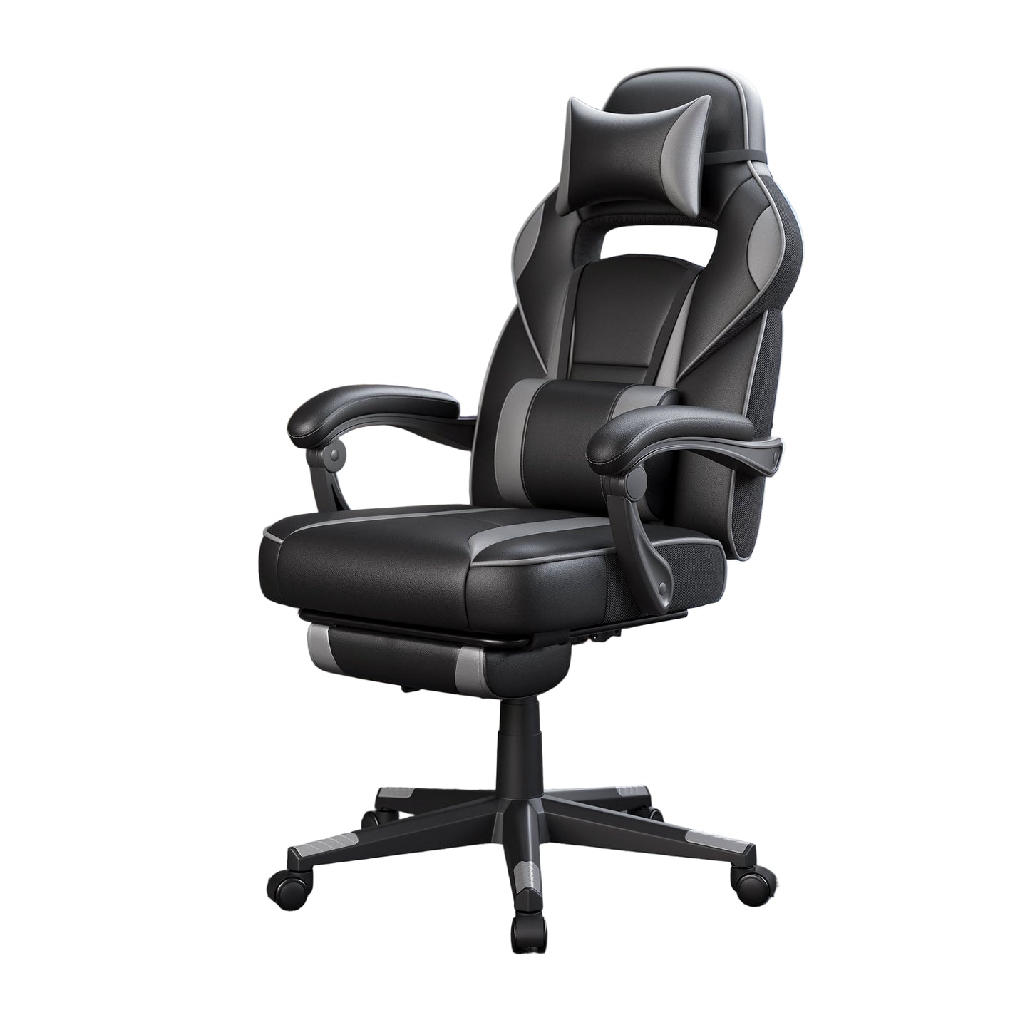 Gamingstoel – Gamestoel – Bureaustoel – Game Chair – Ergonomische Stoel – Verstelbare Rugleuning – Telescopische Voetensteun – Max Belastbaarheid 150 kg – Zwart-Grijs