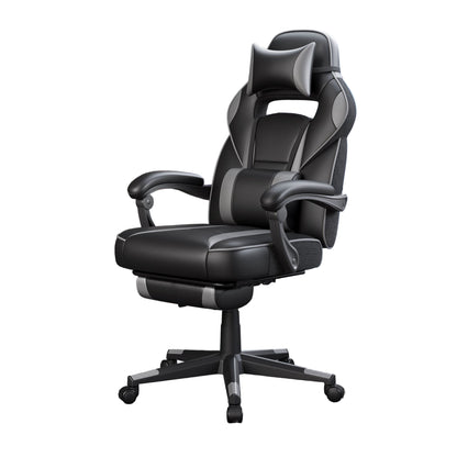 Gamingstoel – Gamestoel – Bureaustoel – Game Chair – Ergonomische Stoel – Verstelbare Rugleuning – Telescopische Voetensteun – Max Belastbaarheid 150 kg – Zwart-Grijs