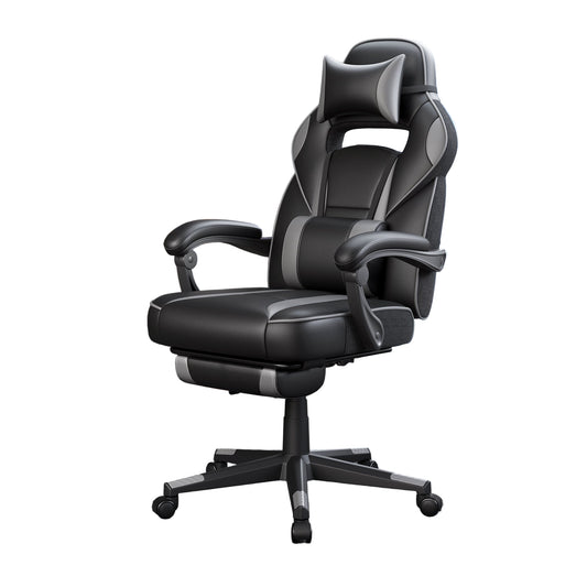 Gamingstoel – Gamestoel – Bureaustoel – Game Chair – Ergonomische Stoel – Verstelbare Rugleuning – Telescopische Voetensteun – Max Belastbaarheid 150 kg – Zwart-Grijs