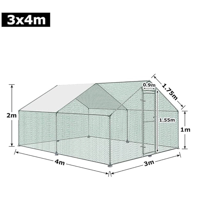 Kippenhok – Kippenren – Pluimveestal – Buitenren – Dierenhok – 3x4x2m – Gegalvaniseerd Stalen Frame – PE Dak – Ruim, Roofdierbestendig en Eenvoudig te Monteren