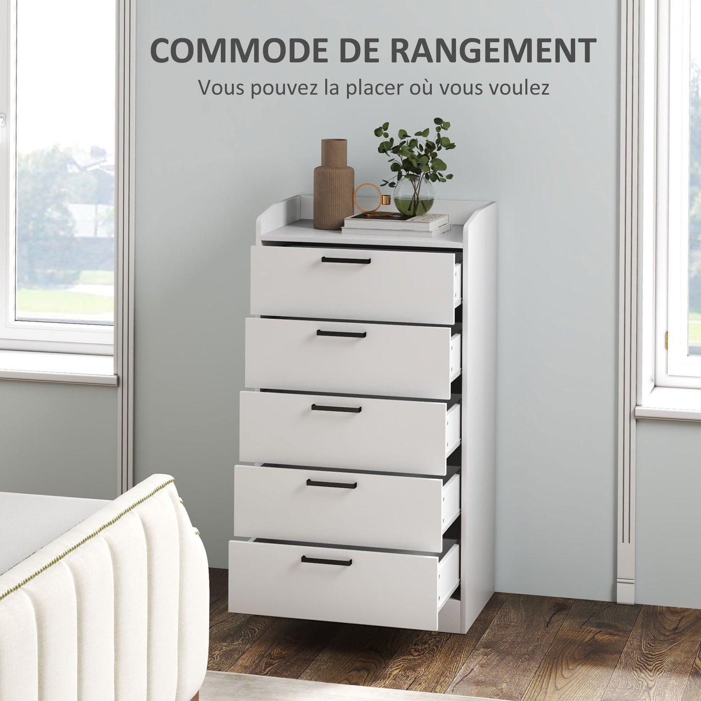 Ladekast – Commode – Opbergkast – Kledingkast – Dressoir – 5 Lades – Melamine Afwerking – Anti-Kantel Systeem – Modern Wit