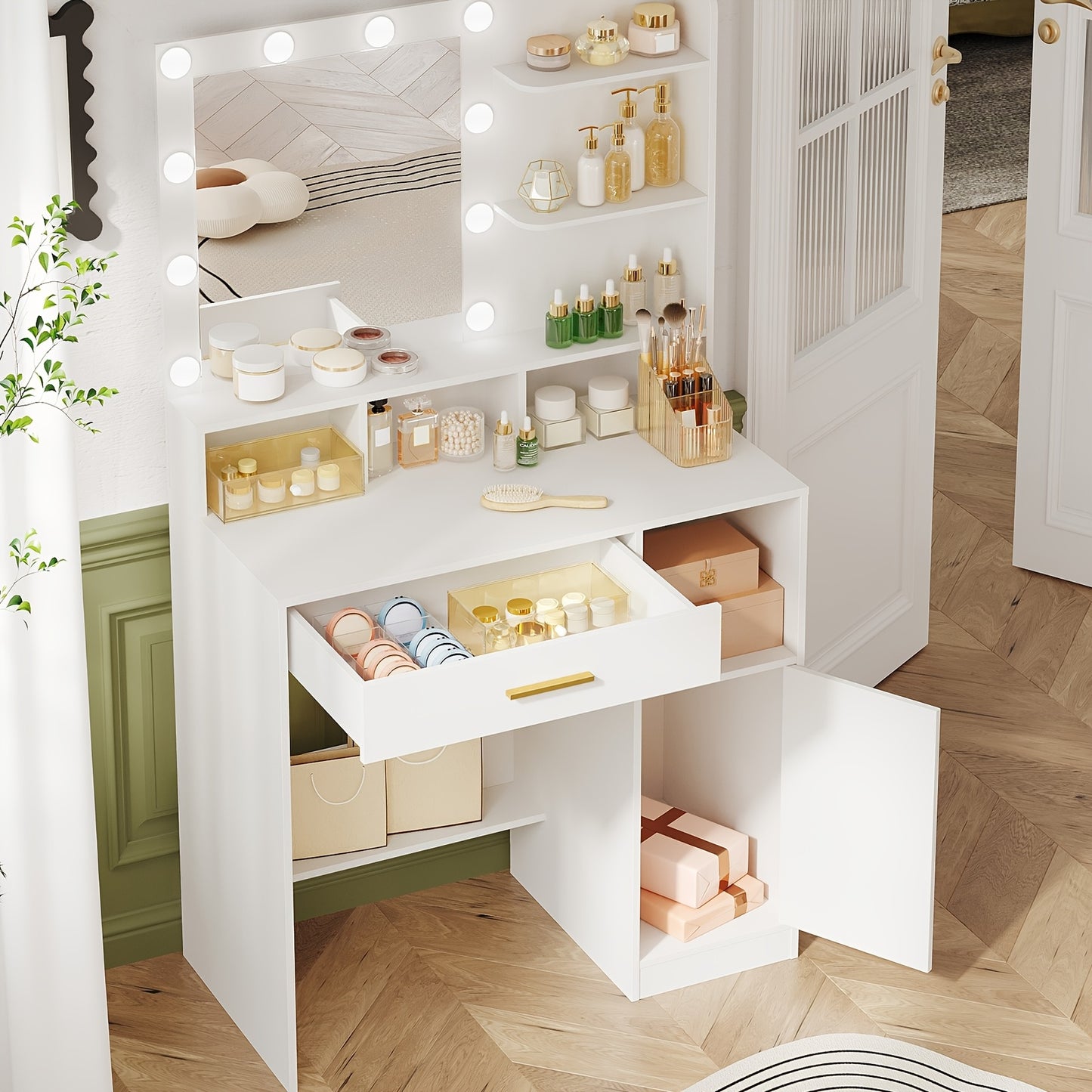Kaptafel – Make-up Tafel – Cosmeticatafel – Opmaaktafel – Dressing Table – Met Spiegel en 10 LED-lampen – 3 Verstelbare Lichtstanden en Veel Opbergruimte