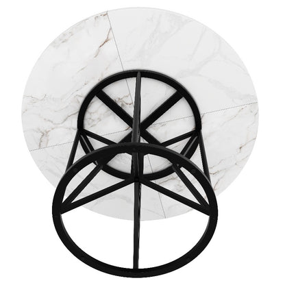 Round Dining Table 100cm/39.37" Marble-Like White & Grey Top with Black Metal Legs - Sturdy Geometric Base, Space-Saving Design for 4-6 People, Classic Modern Kitchen/Dining/Living Room Table, Easy-Clean Surface, No Assembly
