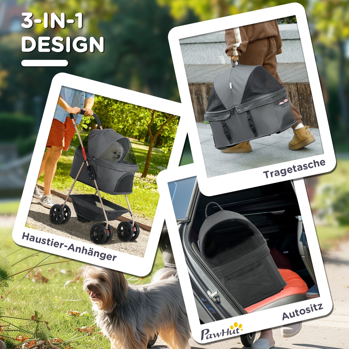 3-in-1 Dierenwagen – Huisdierwagen – Hondenbuggy – Kattenwagen – Draagbare Dierenwagen – Grijs – Opvouwbaar Met Veiligheidsharnassen – Duurzaam 600D Oxford Polyester