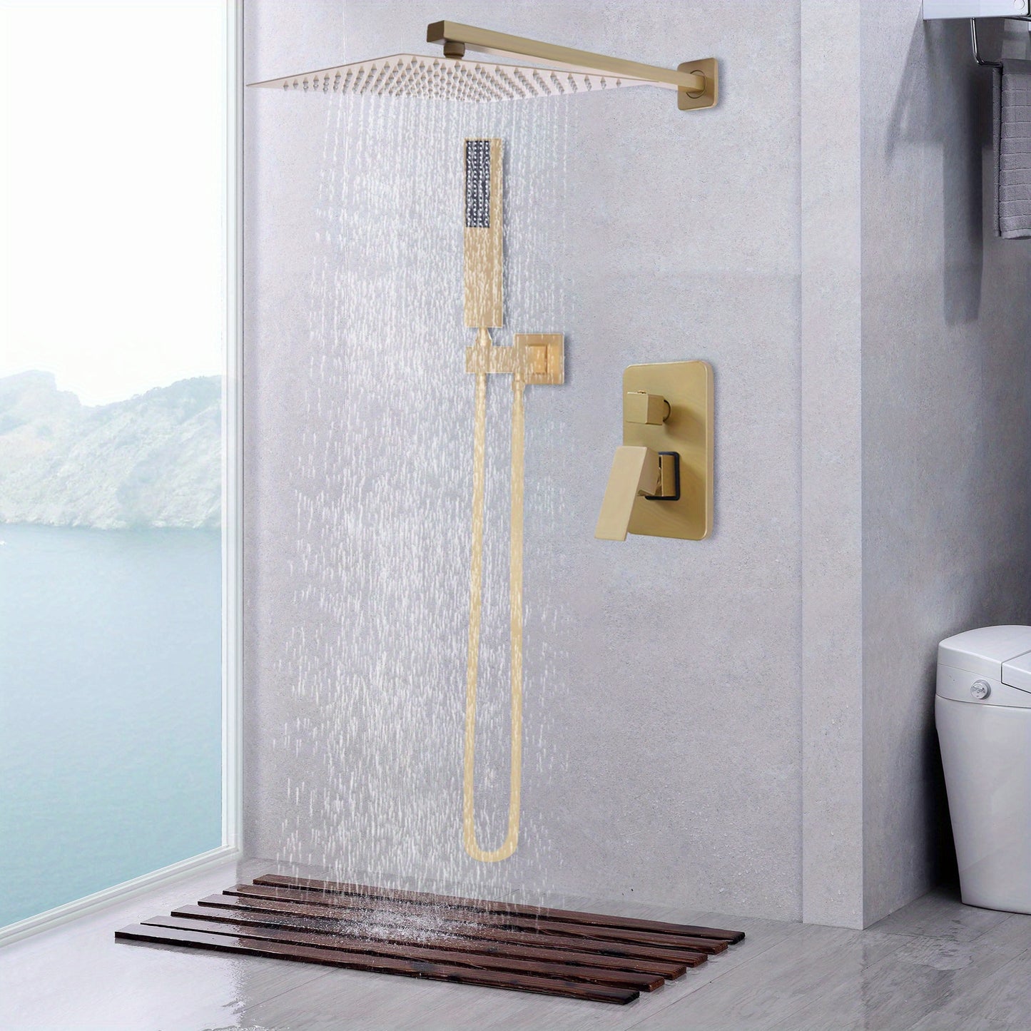 Inbouw Doucheset – Regendouche – Handdouche – Thermostaatkraan – Douchestel – 30cm Goudkleurig – Geborsteld Messing – Duale Stralen – Drukbalancerende Cartridge