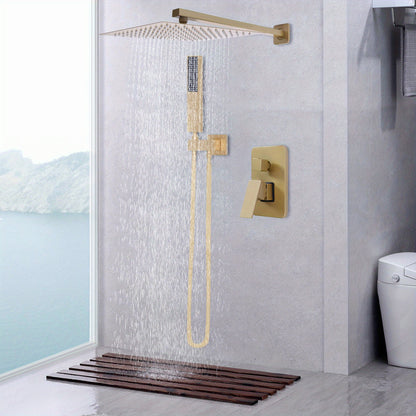 Inbouw Doucheset – Regendouche – Handdouche – Thermostaatkraan – Douchestel – 30cm Goudkleurig – Geborsteld Messing – Duale Stralen – Drukbalancerende Cartridge