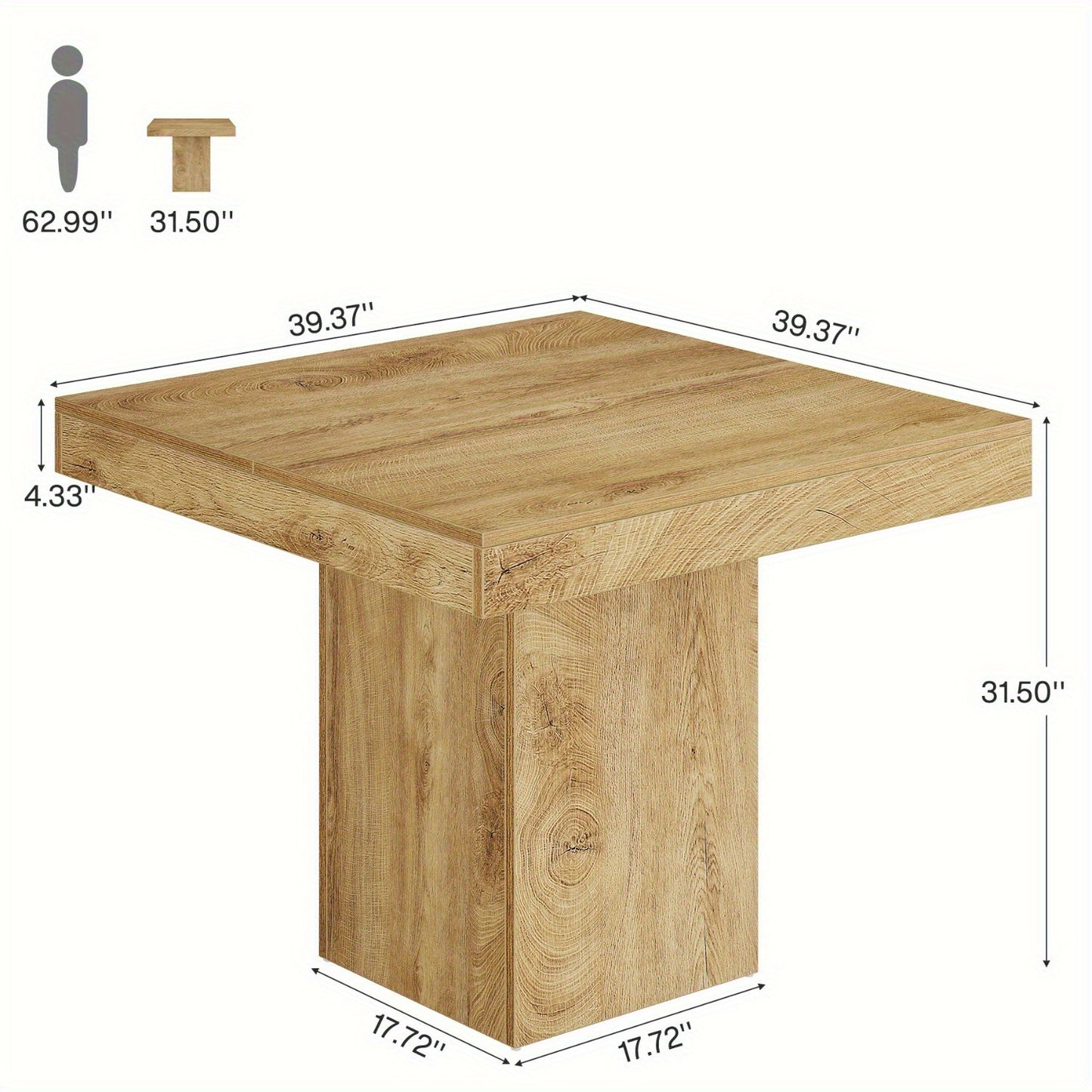 39-Inch Square Dining Table for 4, Farmhouse  Kitchen Dinner Eating Table with Sturdy Pedestal Base, Wooden Dining Room Furniture for Dining Room, Kitchen, Apartments, Natural(1pc)