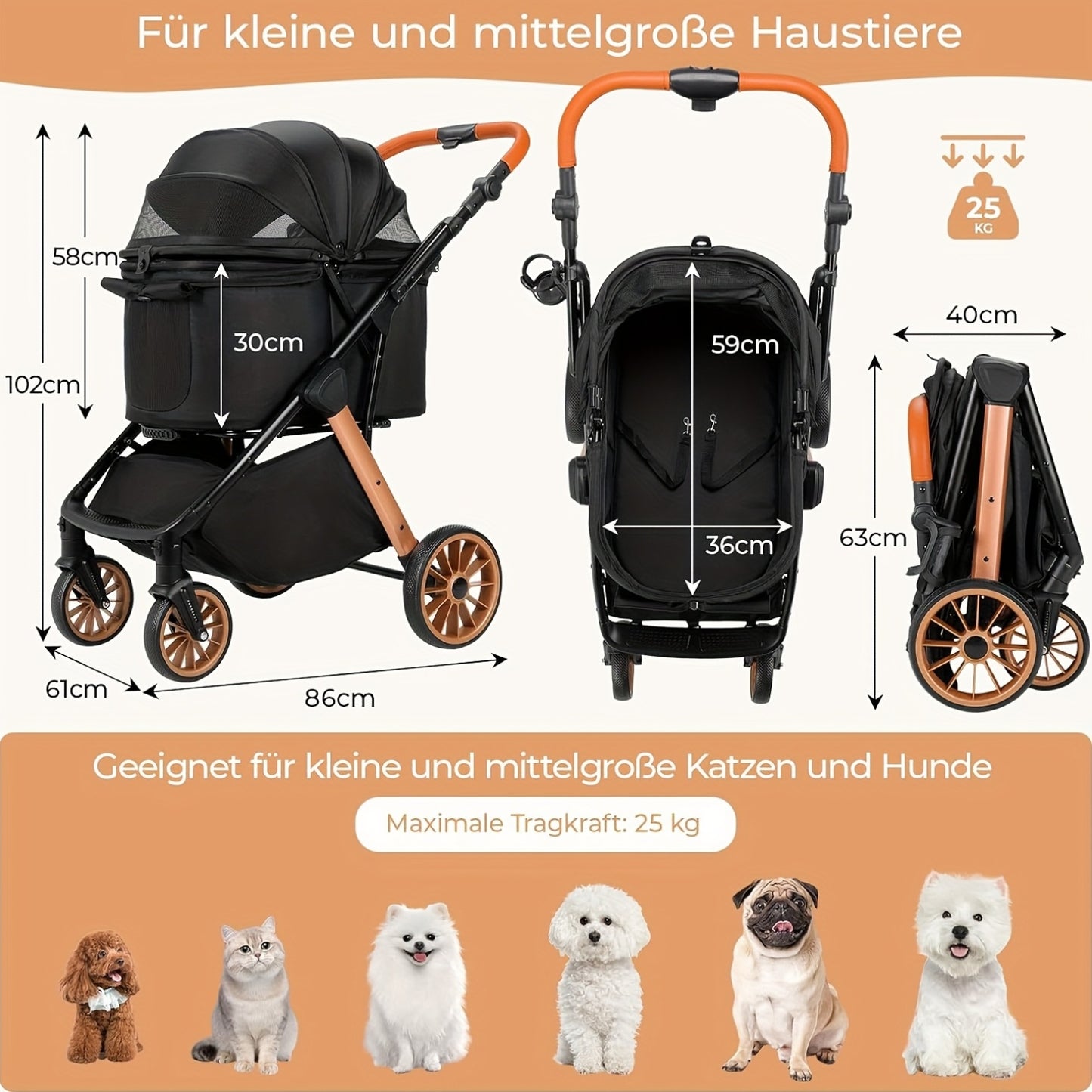 Hondenbuggy – Dierenwagen – Wandelwagen – Pet Stroller – Huisdierenbuggy – Opvouwbaar – Verstelbaar Handvat – Aluminium & Stalen Frame – 24,95 kg Draagvermogen – Schokdempers & All-Terrain Wielen
