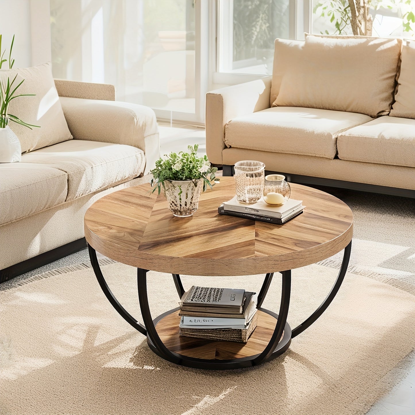Ronde Salontafel – Koffietafel – Bijzettafel – Tafel – Woonkamertafel – Houtnerf Uitvoering – 2 Ladeplateaus – Ruim Opbergvlak – Metalen Frame – 80,5 cm Diameter – Eenvoudige Montage