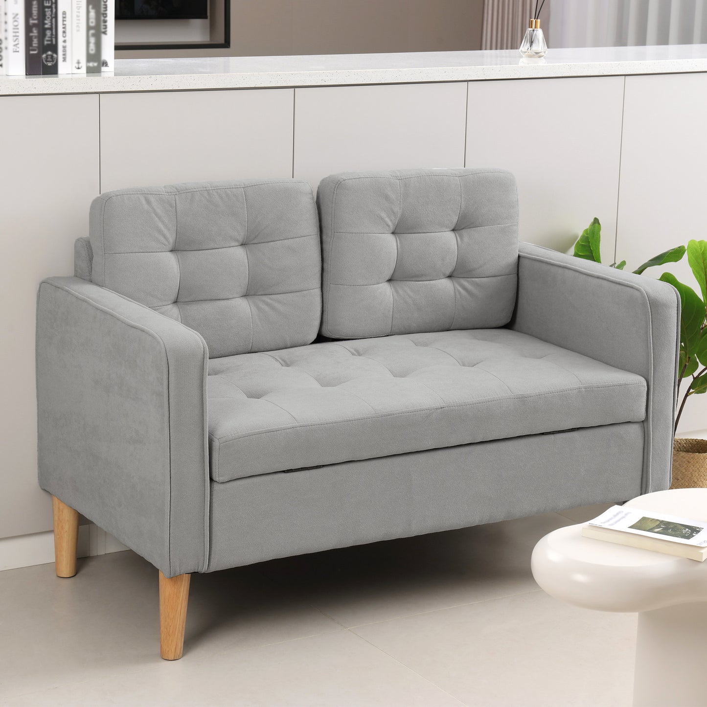 2-zitsbank – Tweezitsbank – Sofa – Loveseat – Bank – Lichtgrijs – Met Opbergruimte – Massief Houten Frame – Compacte Afmetingen 117x62x78 cm