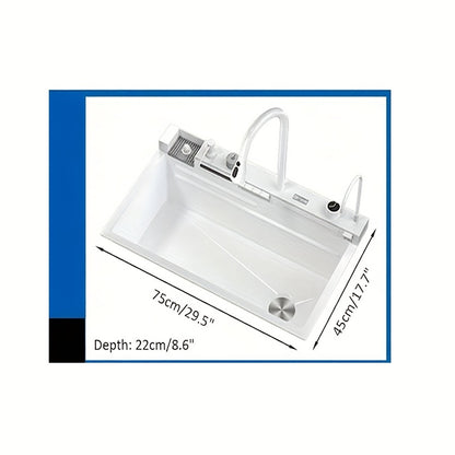 Keukenspoelbak – Spoelbak – Gootsteen – Enkele Wasbak – Keukenkom – RVS Met Witte Gebosselde Afwerking – Drukspoeling Met Twee Watervallen – 74,9 x 46 cm