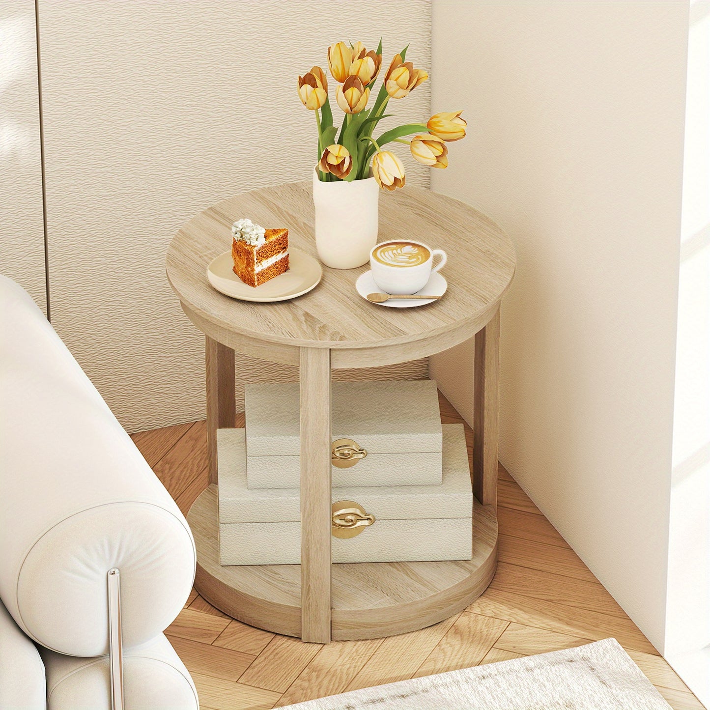 Ronde Salontafel – Koffietafel – Bijzettafel – Nachtkastje – Tafel – 2-Laags Opbergniveau – Rubberhout En MDF – Vintage Landelijke Stijl – 60,5 cm Diameter – 91 kg Draagkracht