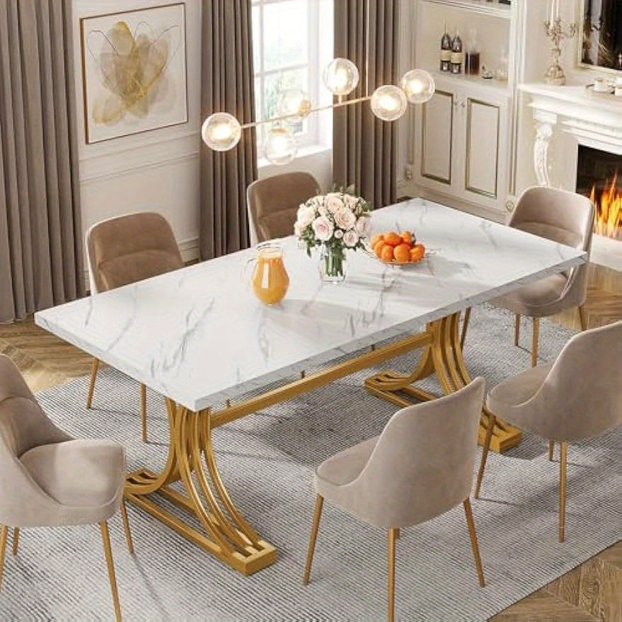 Eettafel – Tafel – Dinertafel – Keukentafel – Vergadertafel – Modern – Wit & Goud – 160x80 cm – Stevige Metalen Poten – Faux Marmeren Tafelblad