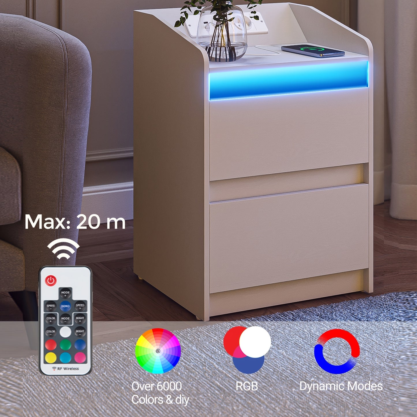 Nachtkastje – Bijzettafel – Bedkastje – Opbergkastje – Wit – Set Van 2 – LED-verlichting Met 20 Kleuren – Oplaadstation Met USB Poorten & Stopcontacten