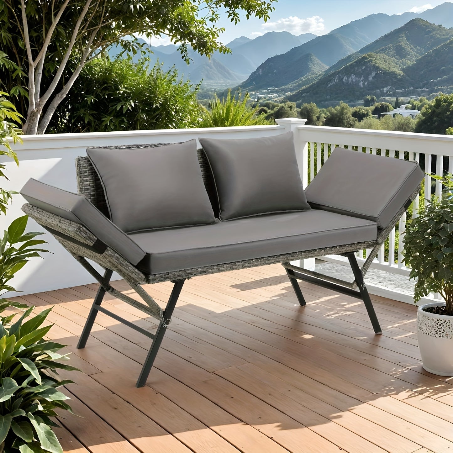 Tuinbank – Tweezitsbank – Loungesofa – Rattanbank – Balkonbank – Verstelbare Rugleuning – Weerbestendig PE Polyrattan – Grijs Rattan + Grijze Mat