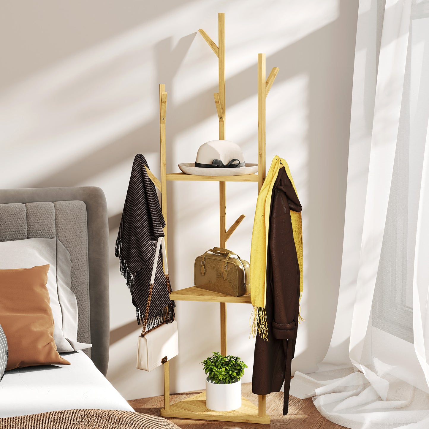 Kledingrek – Kapstok – Garderoberek – Dressboy – Kledinghouder – Natuurlijke Bamboe – 9 Haken & 3 Planken – Stevig & Ruim