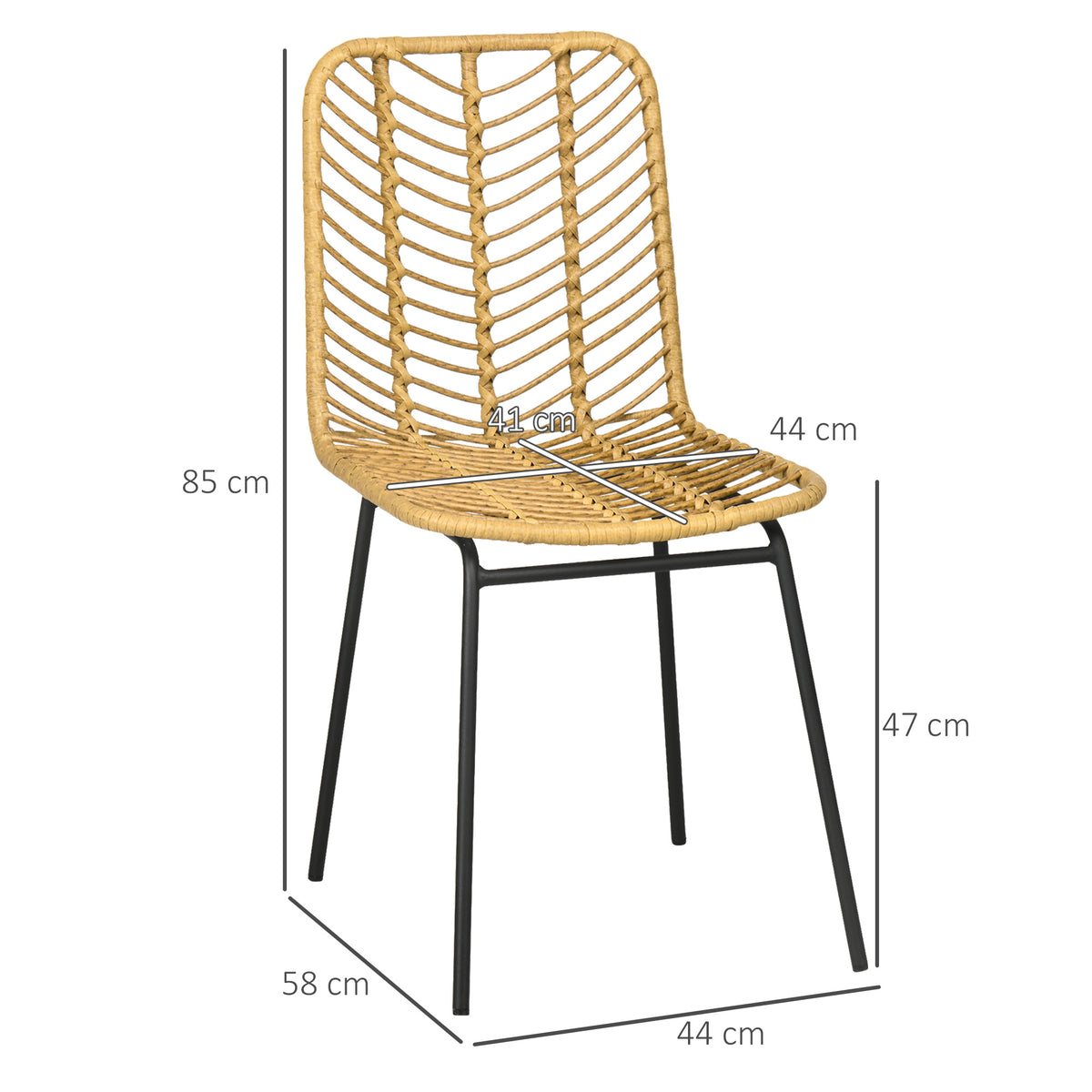 2-Piece Boho-Style Dining Chairs, Accent Chair, PE Rattan, 44 cm x 58 cm x 85 cm, Natural + Yellow