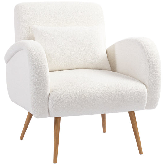 Fauteuil – Leunstoel – Relaxstoel – Zetel – Leesstoel – Crème Wit – Fleece Bekleding – Lendenkussen Met Metalen Poten
