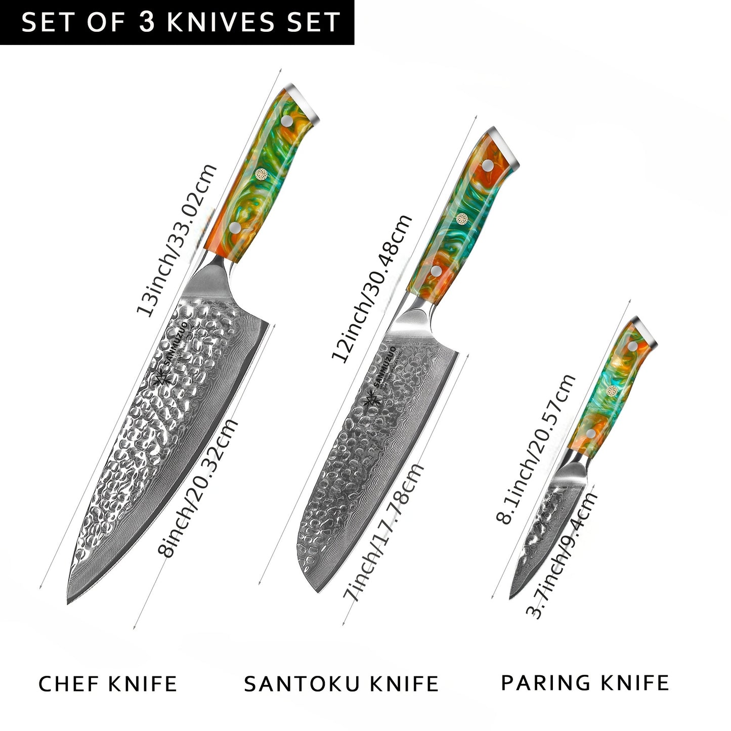 Damast Mes – Koksmes – Santokumes – Schilmes – Keukenmes – Japans VG-10 Staal – Ergonomisch Oranje Resin Handvat