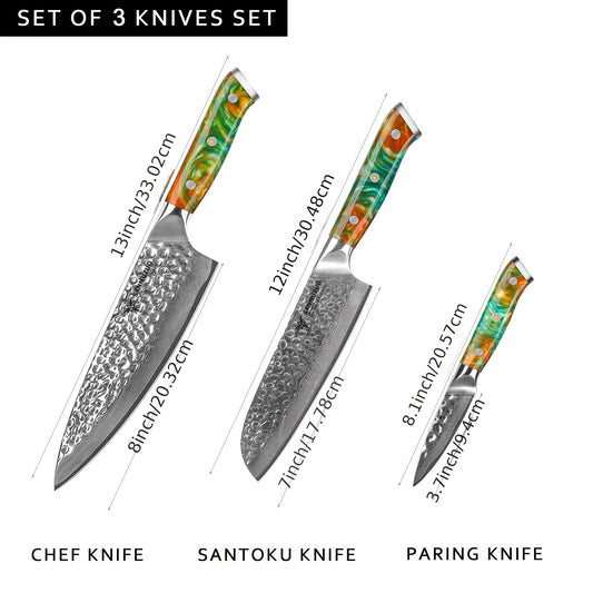 Damast Mes – Koksmes – Santokumes – Schilmes – Keukenmes – Japans VG-10 Staal – Ergonomisch Oranje Resin Handvat