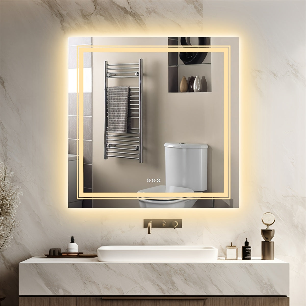 Badkamerspiegel – Led Spiegel – Wandspiegel – Make-up Spiegel – Frameloze Spiegel – 80x80 cm – Anti-Condens – Dimbaar Licht