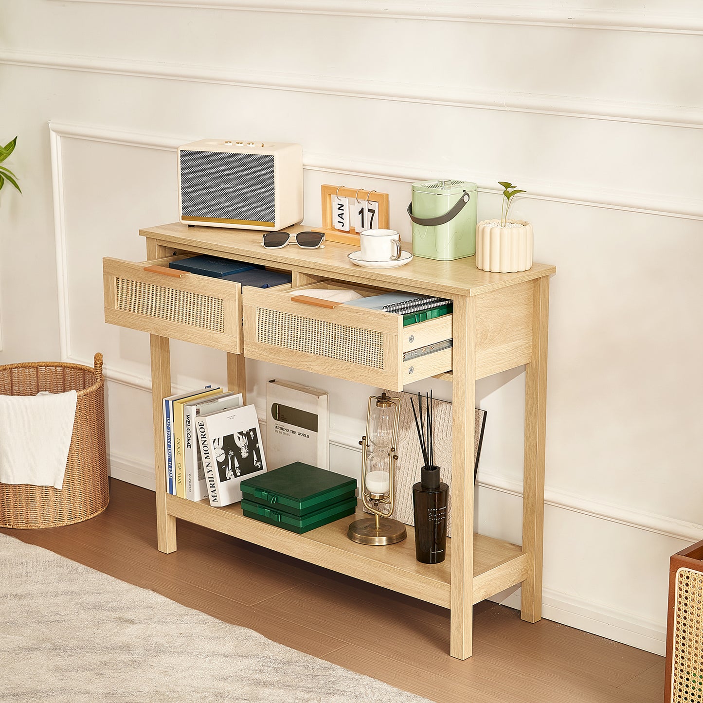 Sidetable – Wandtafel – Consoletafel – Haltafel – Bijzettafel – Natuurlijk Rattan – 2 Lades – Stevige MDF Constructie