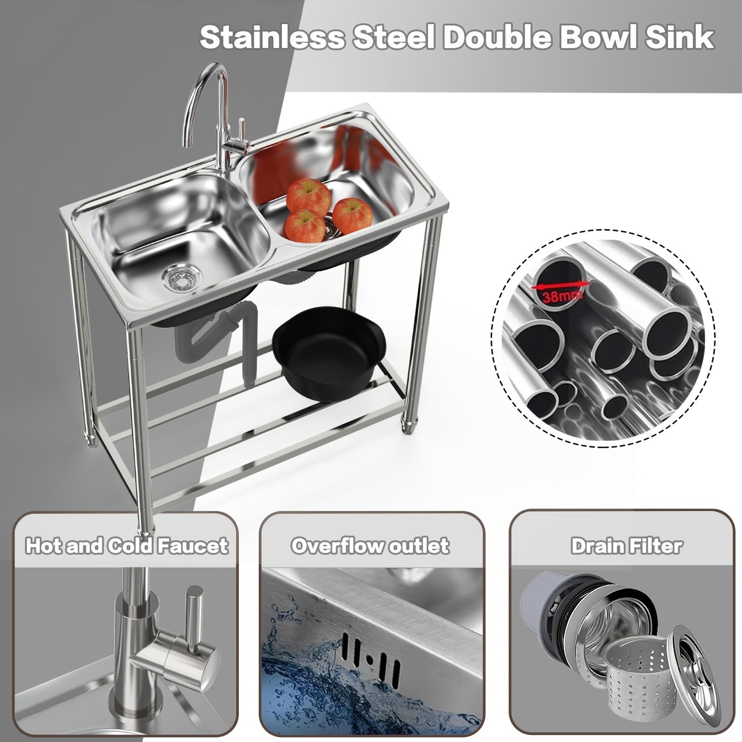 Double sink stainless steel sink with 2 basins, standalone kitchen sink with hot and cold water faucet and drainage kit, suitable for garden and camping