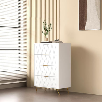 Ladekast – Dressoir – Opbergkast – Commodes – Witte kast met gouden poten – 4 lades met diamanten structuur – Hout en metaal
